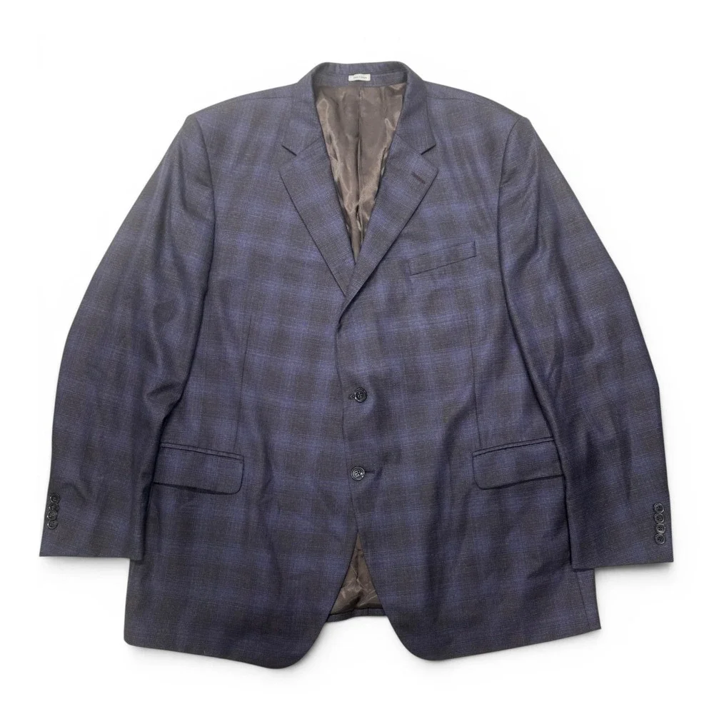 Peter Millar Mens Navy Blue Plaid 100% Wool 2-Button Blazer Sport Coat 48L